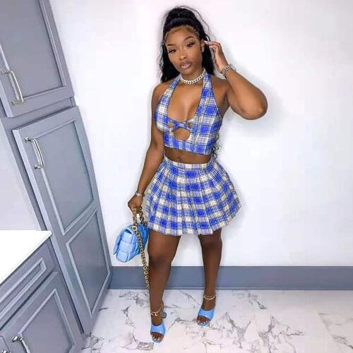 Preppy Styie School Student 2 Piece Dress Sets Plaid Print Backless Crop Tops Pleated Short Skirt Kawaii Girls Matching Set JK