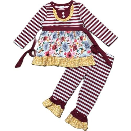 Girlymax Fall/Winter Baby Girls Top Ruffles Wine Floral Floral Boutique Outfits Stripe Pants Belt Set Kids Clothing