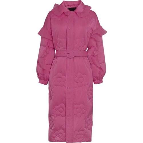 White Duck Down Women Winter Long Jacket New Fashion Flower Patchwork Ruffled Lantern Sleeve Mid-Length Down Female Coat Street
