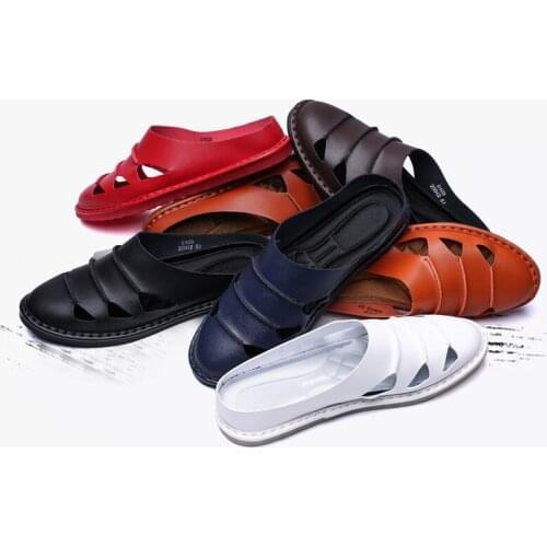 2019 Men Cow Leather Beach Sandals Outdoor Slipper Summer Handmade Men Shoes Men Breathable Casual Shoe Footwear Walking Sandals