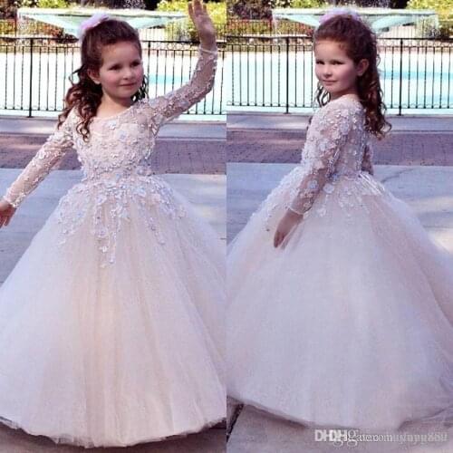 Long Sleeve Flower Girl Dresses For Wedding Sheer Neck Lace Appliques Puffy Tulle Pageant Dress Kids Formal Prom Dresses Cheap