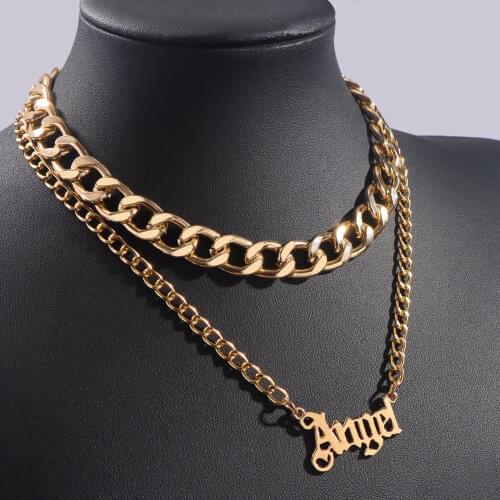 Vintage Multi Layered Metal Cuban Link Chain Chunky Necklace for Women Stainless Steel Letter Angel Pendant Necklace Jewelry New