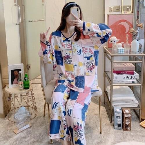 Spring and Summer Long-sleeved V-neck Wide-leg Pants Cotton Silk Pajamas Women Japanese Girls Simple Viscose Home Service Suit