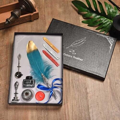 BNB Vintage Feather Pen Personality Dip ink Pen Set Creative Writing Office Supplies Metal Fountain Pen With Gift Box 10 Colors