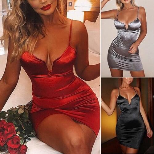 Sexy Deep V Neck Satin Party Dress Women Spaghetti Strap Backless Mini Dress Casual Skinny Dress
