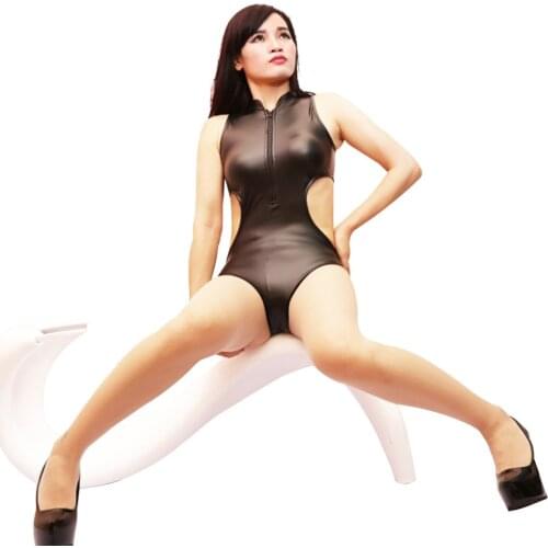 Hot Sexy Hollow Out Backless Faux Latex PU Leather Bodysuit Bathing Suit Women Body Push Up Swimwear One Piece Swimming Monokini