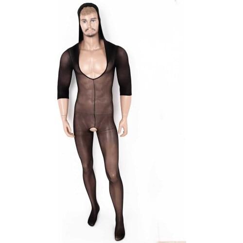 MSemis Sexy Bodystocking for Men Open Crotch Erotic Lingerie Nightwear See Through Sheer Hollow Out Fishnet Footed Pantyhose