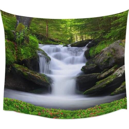 Modern Wall Tapestry Green Forest Waterfall Flower Grass Pattern Tapestry Wall Hanging Dormitory Living Room Bedroom Decoration