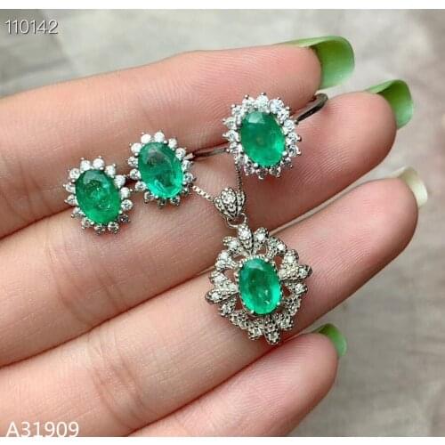 KJJEAXCMY Fine jewelry 925 sterling silver inlaid natural emerald female pendant necklace ring earrings set support detection