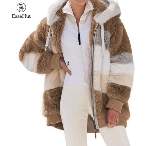 Women Jacket 2021 Warm Plush Casual Loose Hooded Coat Mixed Color Patchwork Winter Outwear Faux Fur Zipper Ladies Parka Coat