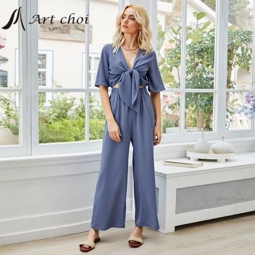 2021 Women Tops T Shirt Summer Crop Tops Loose Ladies Casual Sets Half Sleeve Bow Long Pants Trousers Ladies Work Office Suits