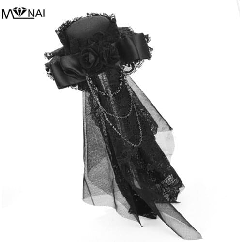 Vintage Gothic Steampunk Lolita Mini Top Hat Retro Black Flowers Headdress for Women Black Hats Accessories