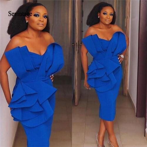 Sevintage Royal Blue Black Girls Woman Prom Dresses Cheap Tiered Ruffles Strapless Knee Length Short Cocktail Gowns gala dress