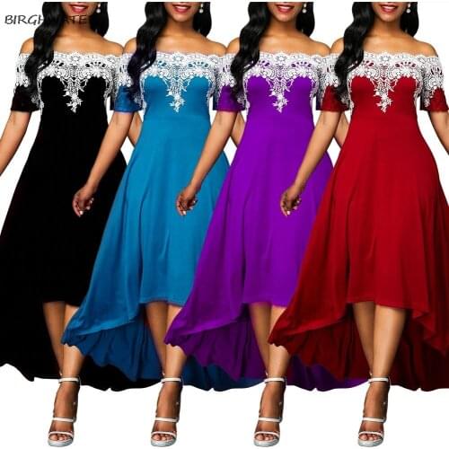 Women Dress Plus Size Summer Party Lace Patchwork Off Shoulder Dresses 2021 Vintage Short Sleeve Loose High Low Dress