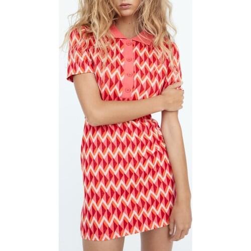 ZA dress 2021 autumn new youth sexy sweet jacquard pink checkered knit lapel short sleeve waist slim design dress