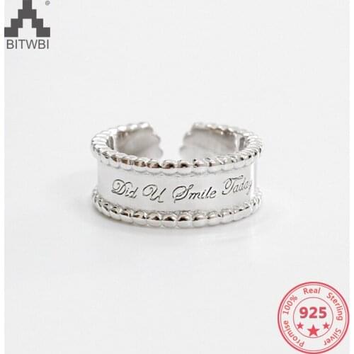 100% S925 Sterling Silver Fashion CHIC Simple Round Bead Wide English Open Ring