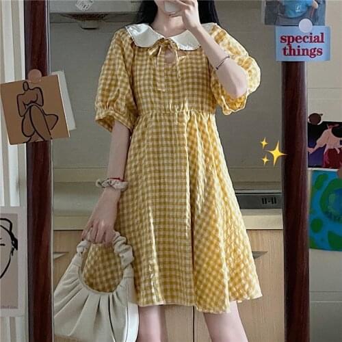 2021 Summer Kawaii Sweet Dress Bubble Sleeve France Cute Casual Chic Sundress Women Yellow Plaid Korean Style Party Mini Dresses