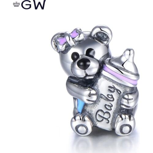 GW 925 Sterling Silver Bear Baby Enamel Charm Animal Beads Fit Original Bracelet Diy Jewelry Accessories Making D251