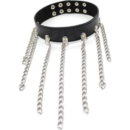 Candiway Adjustable PU Leather with Fringe Choker Chain Collar Slave Bondage Erotic Toys For Lover S&M Role Play