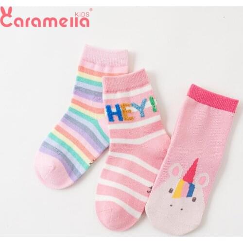 Caramella 3Pair Pink Unicorn Kids Baby Short Socks Funny Infant Stripe Letter Rainbow Socks For Girls Seamless Cotton Hosiery
