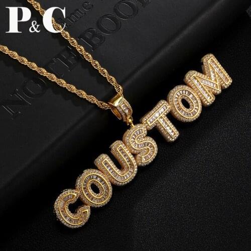 Hip Hop Custom Name Cubic Zircon Baguette Initial Letters Pendant Necklace For Men women Fashion name chain Jewelry