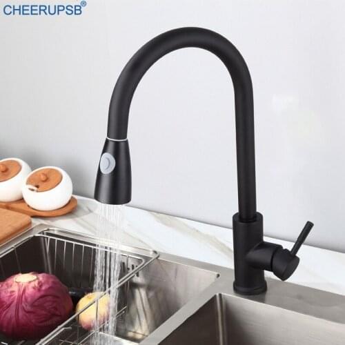 Kitchen Sink Matte Black Faucets Deck Mount Pull Out Crane Hot Cold Water Mixer Tap 360 Degree Rotation Single Hole Faucet White