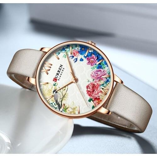 CURREN 9059 Women Leather Watch Ladies Classic Wristwatch Female Clock Feminino Trend Quartz Flower Black Relogios