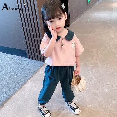 Aimsnug Children Two Pieces Sets Baby Girls Short Sleeve Lepal Collar Tees Shirt and Long Pants 2021 Summer 2PCS Outfits
