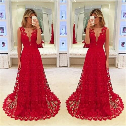 Elegant Party Gowns for Womens Elegant Long Lace Dress Formal Party Prom Gown Dress Red Floor Length Dress