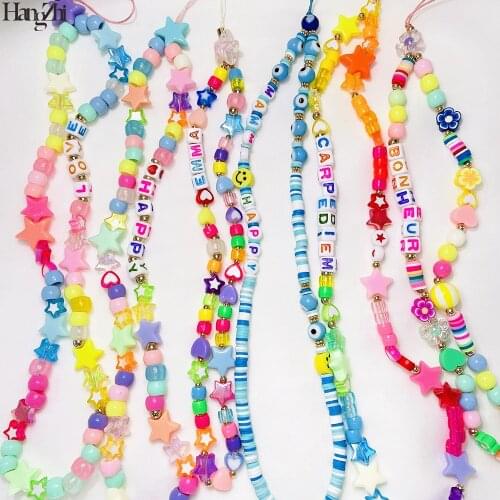 HangZhi 2021 New Acrylic Star Square Geometric Letter Flower Cute Wrist Beads Chain Mobile Phone Strap Anti-lost Random Color
