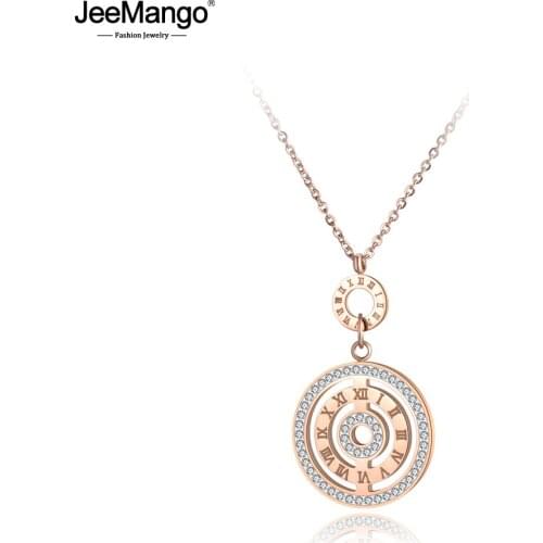 JeeMango Clay AAA Zircon Stainless Steel Pendant Necklace Rose Gold Roma Numbers Circles Chokers Necklaces For Women JN19045