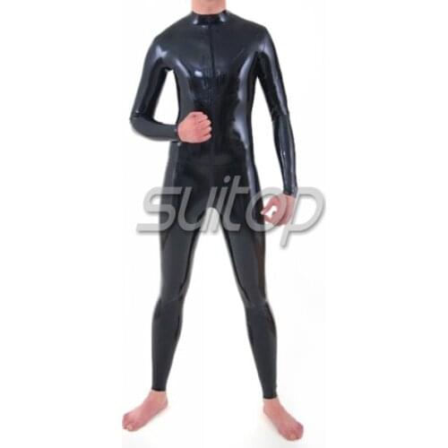 Suitop Latex rubber latex catsuit for men front zip through crotch to ass free shipping