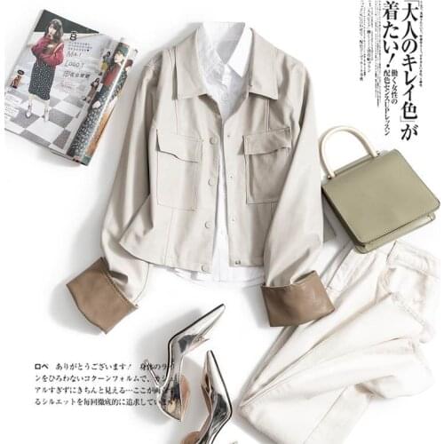 Leather jacket womens long-sleeved short PU leather jacket small man with cuffs flanging slim leather coat autumn new s583