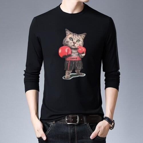 Mens Long Sleeve T Shirts Print Letter O-neck Tee Male Tops Tee Boxing Cat Cartoon