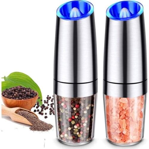 Pepper Grinder Set Automatic Pepper Gravity Electric Salt Mill Grinder Battery-Operated with Adjustable Coarseness, LED Light
