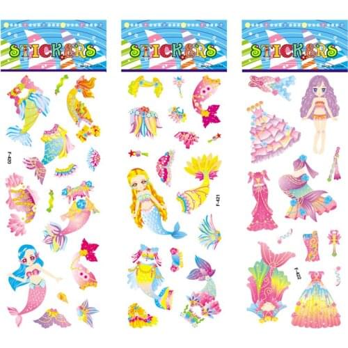 6 Sheets/set Cartoon Mermaid Pattern Sticker Scrapbooking 3D Bubble Sticker Toys For Kids Diary Notebook Decoration