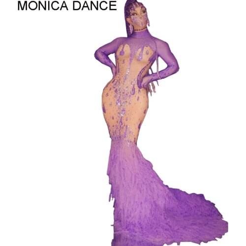 New Sexy Stage Flashing Rhinestones Purple Dress Women Birthday Celebrate Outfit Singer Dancer Dress Prom Evening Long Dress