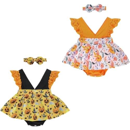 Newest Baby Girls Casual Fly Sleeve Halloween Romper Fashion Pumpkin Printed Hem Jumpsuits and Headband, 0-24Months