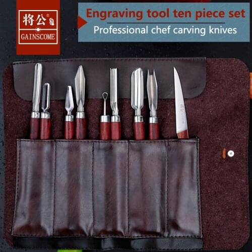 GAINSCOME Chef Carving Knife 11 PCS Set Stainless Steel U-Shaped V Poke Knife O Pull Carving Knife Free Leather Sheath Sharp