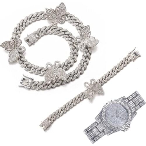 Hip Hop Iced Out 12MM Full Paved Rhinestones Miami Curb Butterfly CZ Cuban Necklace+Watch+Bracelet For Men Women Charm Jewelry