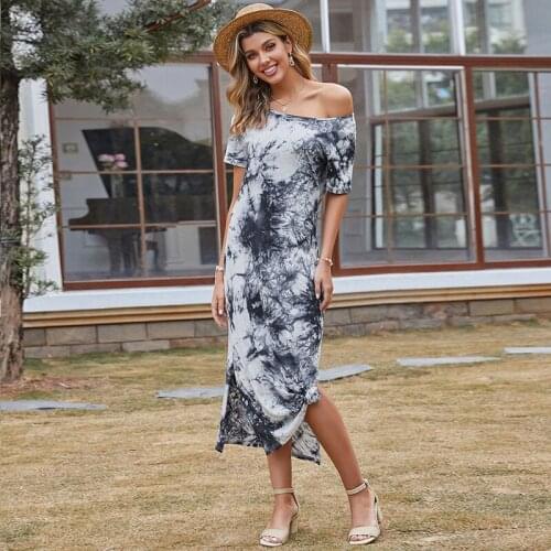 Tie Dye Dress Women Summer Casual Loose Dresses O Neck Tunic Long Maxi Side Slit Short Sleeve Dress Oversize Clothes