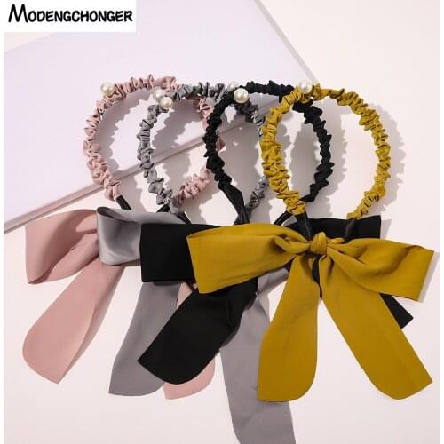 2021 New Fashion Spring Summer Long Streamer Ribbon Pearl Hairbands Hair Ornament Lady Bow Headband For Girls Hair Accessories