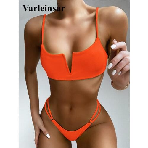 Sexy 2020 Ribbed Bikini Female Swimsuit Women Swimwear Two-pieces Bikini set Neon Yellow Bather Bathing Suit Swim Lady V2131O
