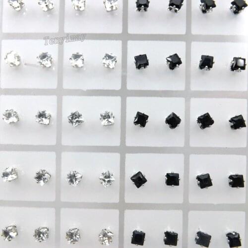 Classic Style 4.5mm Black And Clear Square Shape Zircon Earring Studs 36 Pairs Wholesale