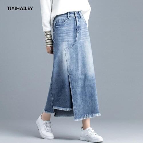 TIYIHAILEY Free Shipping 2020 Fashion High Waist S-3XL Long Maxi A-line Skirts With Pockets Women Blue Slit Skirts With Tassels