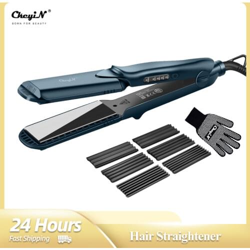 CkeyiN 4 in 1 Hair Straightener Crimper Ceramic Flat Iron Hair Curler Interchangeable Plate Corrugated Curling Hair Styling Tool