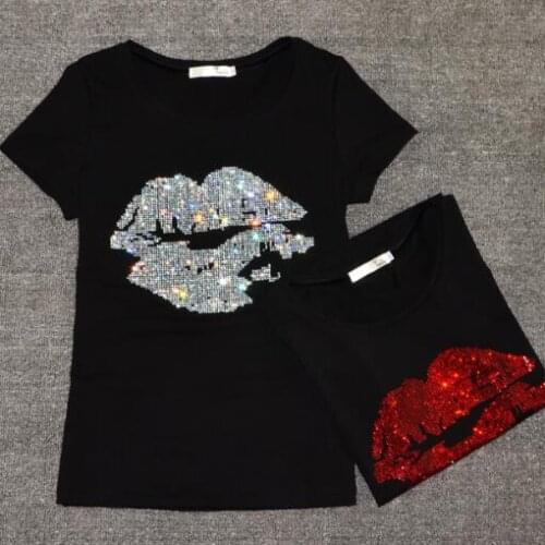Summer style o neck sequins lips sexy women t shirt short sleeve t shirt fashion 2020 tops XXXL