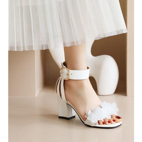 Ochanmeb Beautiful Petal Sandals Women Square Block High Heels Big Square Buckled Ankle Wrap Belt Summer Sandals White Red Shoe