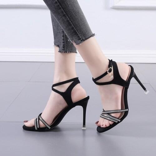 New Women Rhinestone High Heels Narrow Band Party Sandals Slingback Stiletto Heels Round Toe Sandals Ladies Shoes