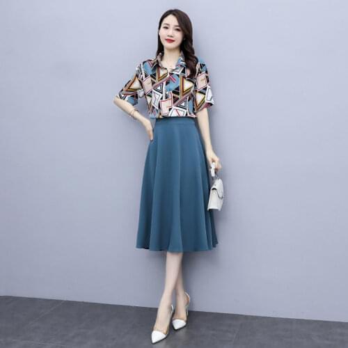 Vintage Print Blouses + High Waist Midi Skirt 2 Two Piece Women Summer Office OL Fashion Clothes Set 2021 Female Shirt Suit